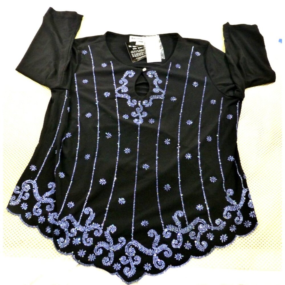 Another Thyme‎ Black & Blue Beaded 3/4 Sleeve Top Scalloped Hem Size 2X USA Made